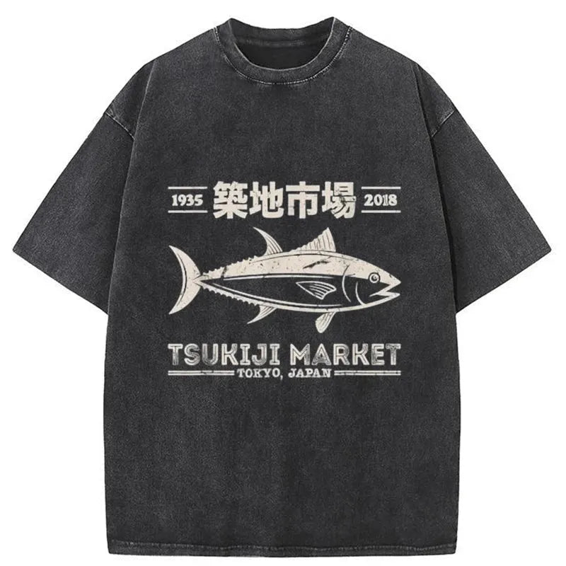 Retro Tsukiji Fish Market Streetwear Tokyo Washed T-Shirt