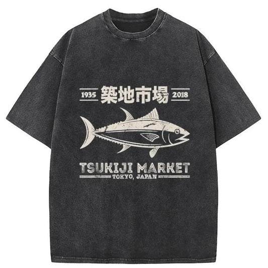 Retro Tsukiji Fish Market Streetwear Tokyo Washed T-Shirt