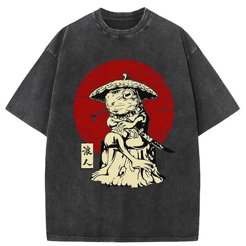 Rounin Japanese Frog Samurai Washed T-Shirt