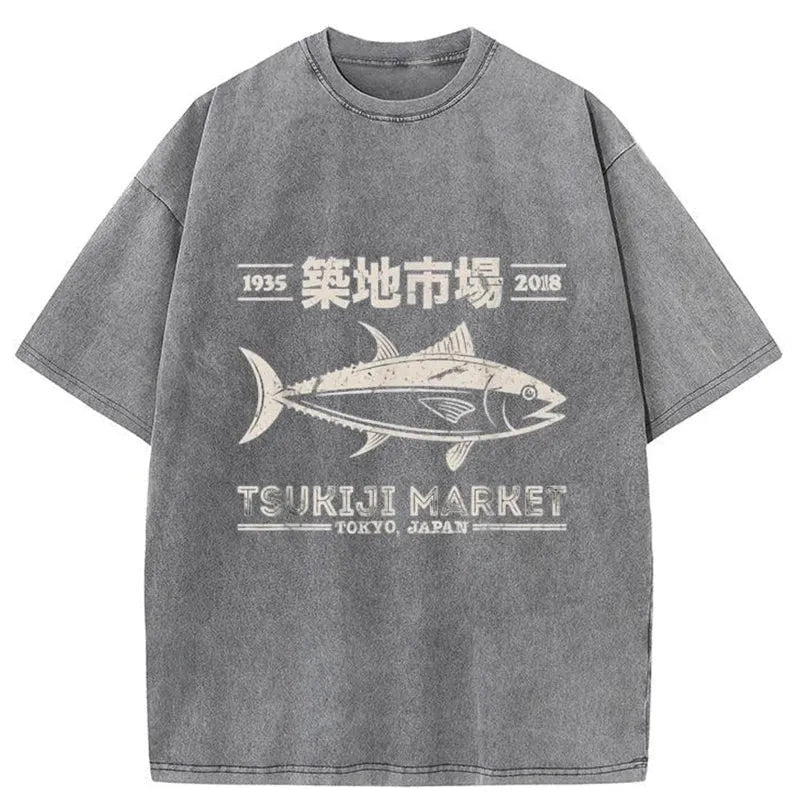 Retro Tsukiji Fish Market Streetwear Tokyo Washed T-Shirt