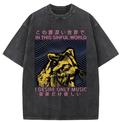 Raccoon Listening To Music Washed T-Shirt