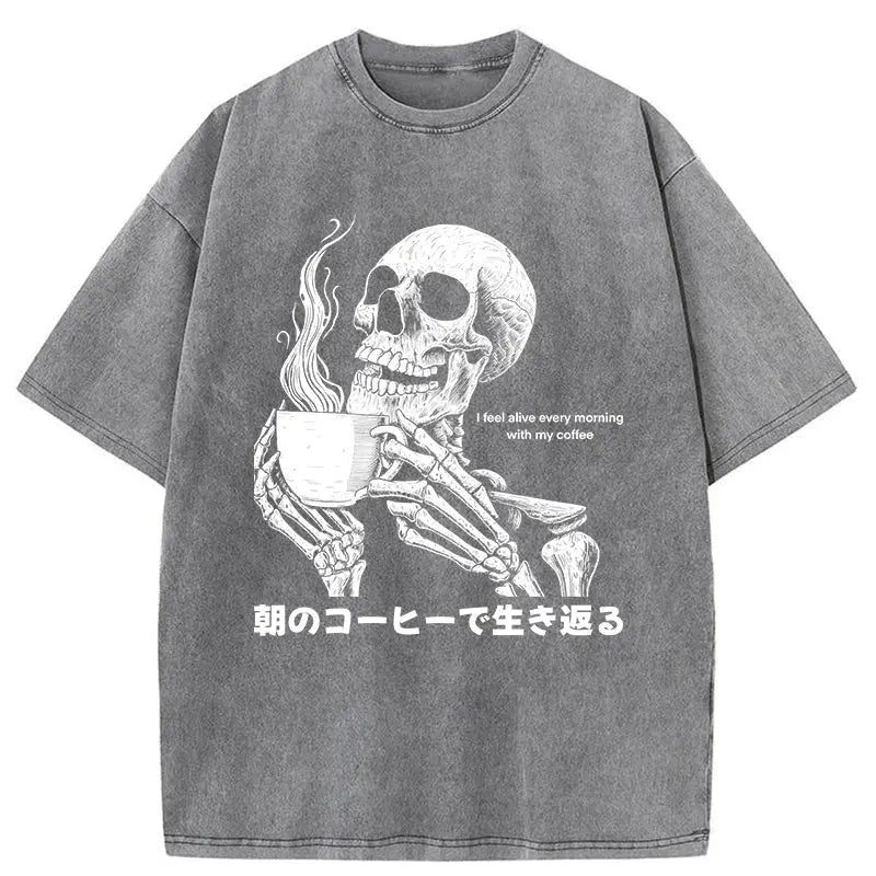 Skeleton Drinking Coffee Washed T-Shirt