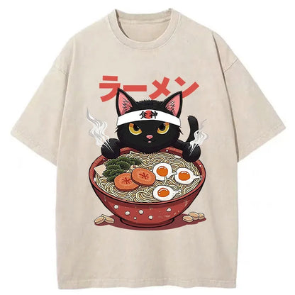 Ramen Lover Black Cat Washed T-Shirt