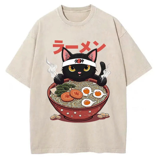 Ramen Lover Black Cat Washed T-Shirt