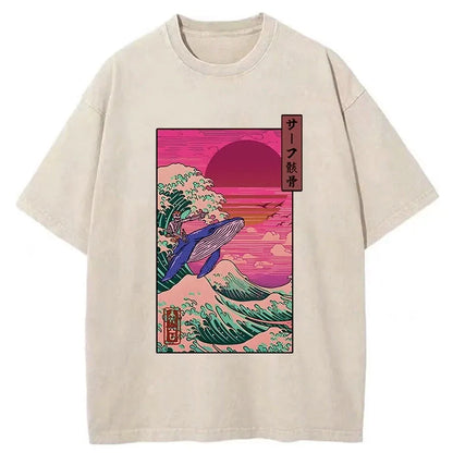 Skeleton Surfing With A Whale Washed T-Shirt