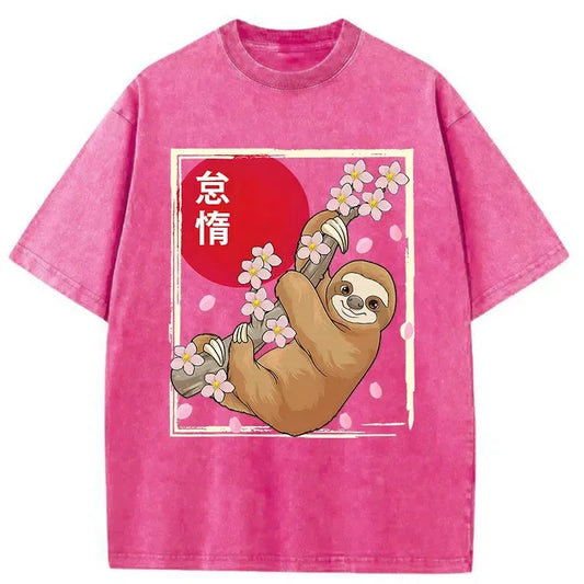 Sloths Climb On Cherry Trees Washed T-Shirt