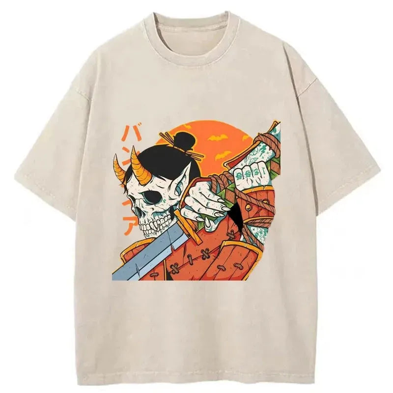 Samurai Skull Oni Katana Washed T-Shirt