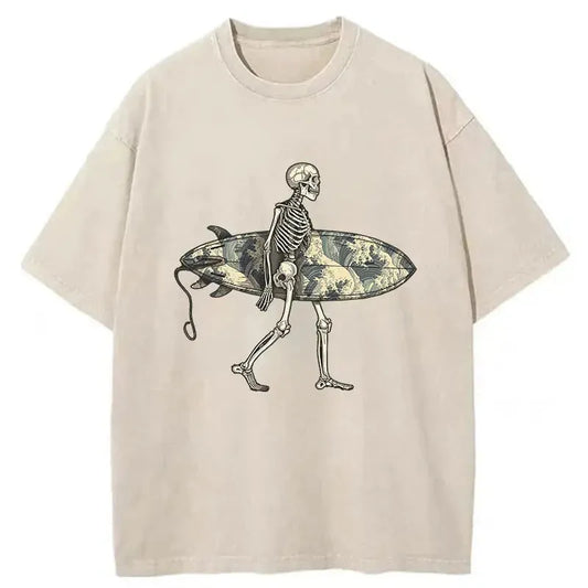 Skeleton Ready To Go Surfing Washed T-Shirt