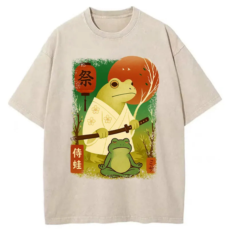 Funny Frog Samurai Poster Washed T-Shirt