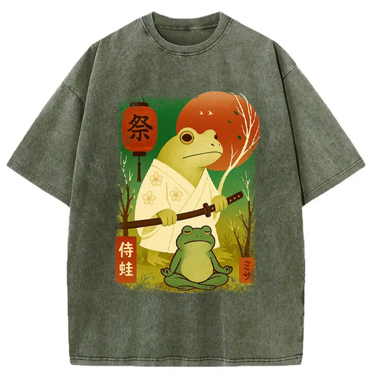 Funny Frog Samurai Poster Washed T-Shirt