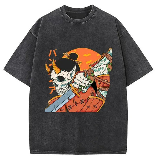 Samurai Skull Oni Katana Washed T-Shirt