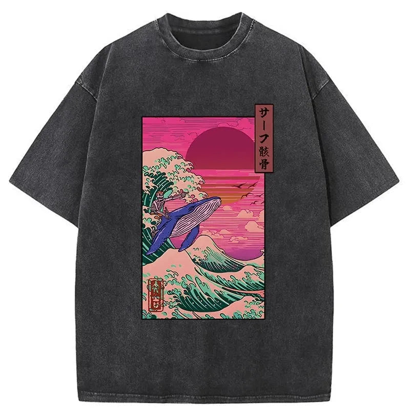 Skeleton Surfing With A Whale Washed T-Shirt
