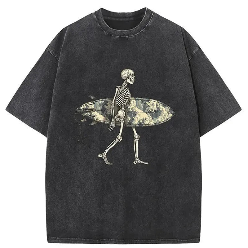 Skeleton Ready To Go Surfing Washed T-Shirt