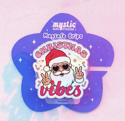 Christmas Vibes Santa Magnetic Phone Grip – Cute Holiday Kindle Grip, Pink Santa Peace Sign Holder, Festive Xmas Phone Accessory