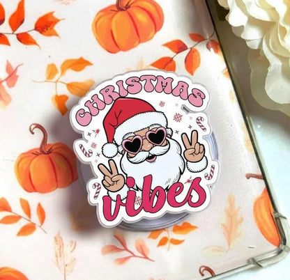 Christmas Vibes Santa Magnetic Phone Grip – Cute Holiday Kindle Grip, Pink Santa Peace Sign Holder, Festive Xmas Phone Accessory