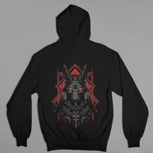 Anubis Hoodie – Red-Eye Jackal Sigil Graphic, Black Gothic Street