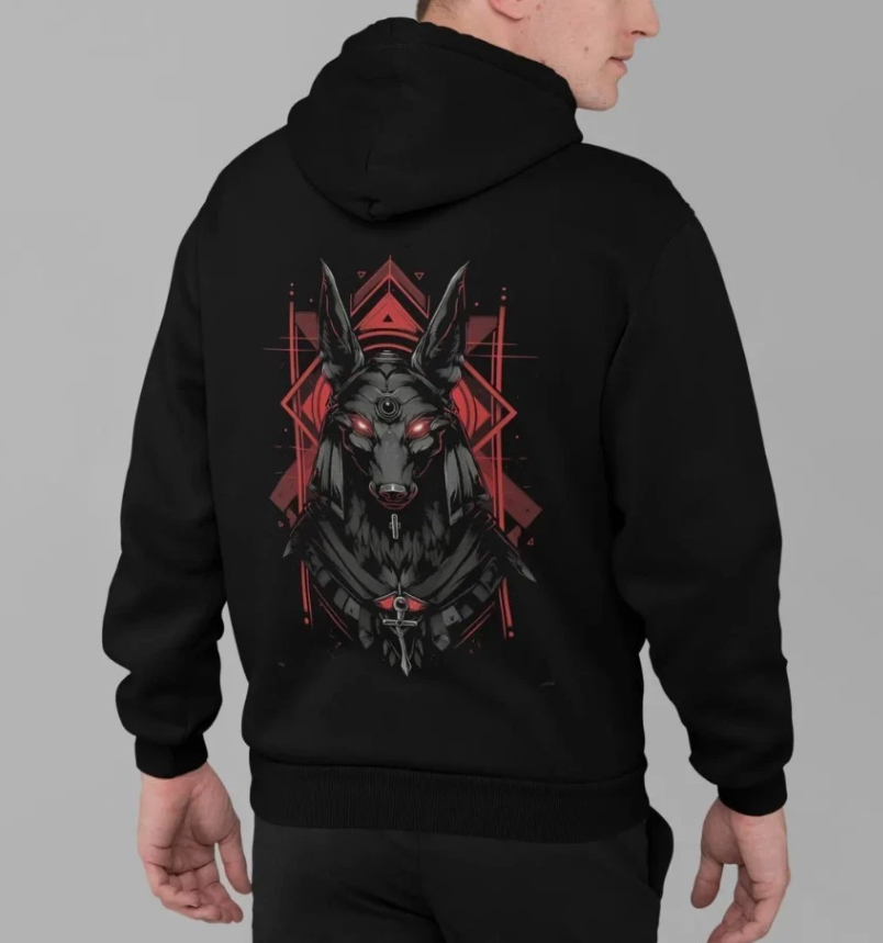 Anubis Hoodie – Red-Eye Jackal Sigil Graphic, Black Gothic Street