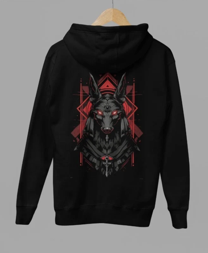 Anubis Hoodie – Red-Eye Jackal Sigil Graphic, Black Gothic Street