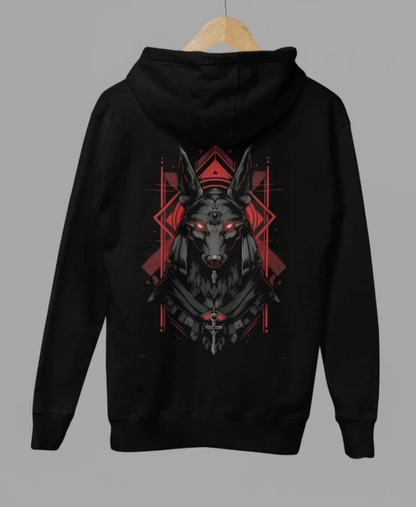 Anubis Hoodie – Red-Eye Jackal Sigil Graphic, Black Gothic Street