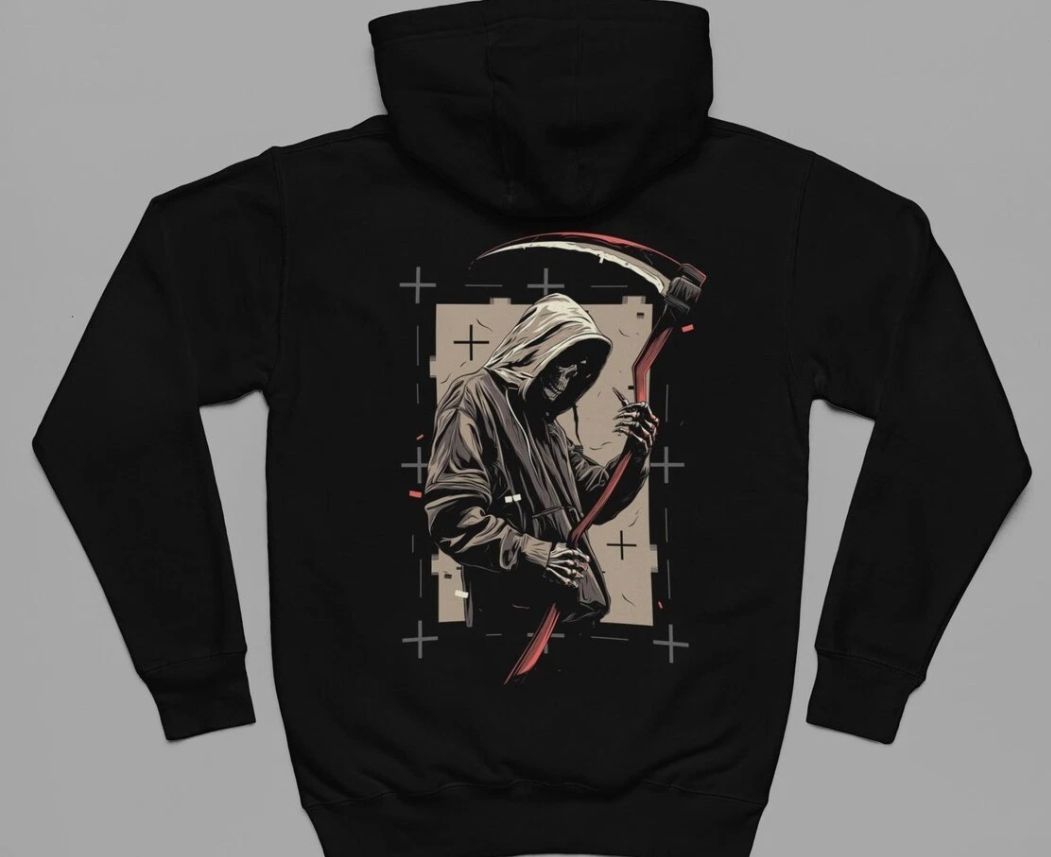 Grim Reaper Hoodie, Back Print Scythe Graphic, Unisex Hoodie