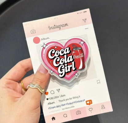 Retro Soda Girl Magnetic Phone Grip: Cute Pink Heart Cola Aesthetic Kindle Accessory, Fun Drink Lover Phone Holder, Trendy Gift for Her