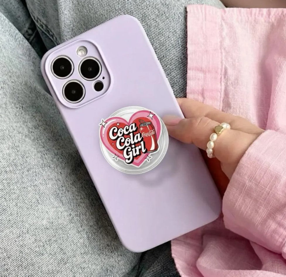 Retro Soda Girl Magnetic Phone Grip: Cute Pink Heart Cola Aesthetic Kindle Accessory, Fun Drink Lover Phone Holder, Trendy Gift for Her