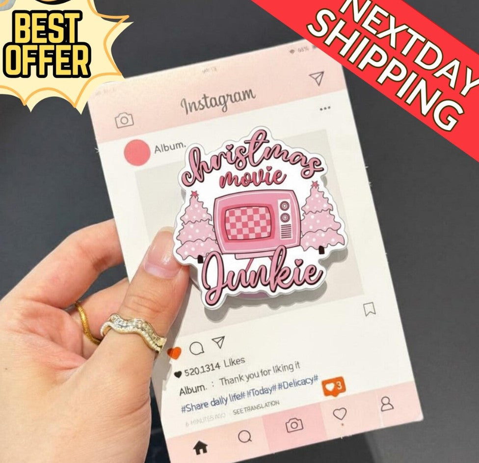 Christmas Movie Junkie Magnetic Phone Grip – Pink Retro TV Popgrip, Cute Holiday Movie Lover Gift, Festive Xmas Phone Holder for Teens