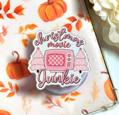 Christmas Movie Junkie Magnetic Phone Grip – Pink Retro TV Popgrip, Cute Holiday Movie Lover Gift, Festive Xmas Phone Holder for Teens