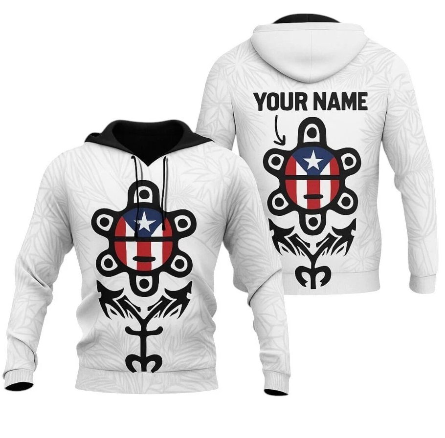 Puerto Rico Taino Sun Hoodie – White Tribal Flag Symbol Hodie, Custom Name