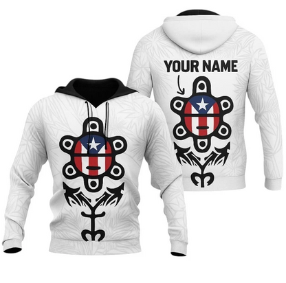 Puerto Rico Taino Sun Hoodie – White Tribal Flag Symbol Hodie, Custom Name