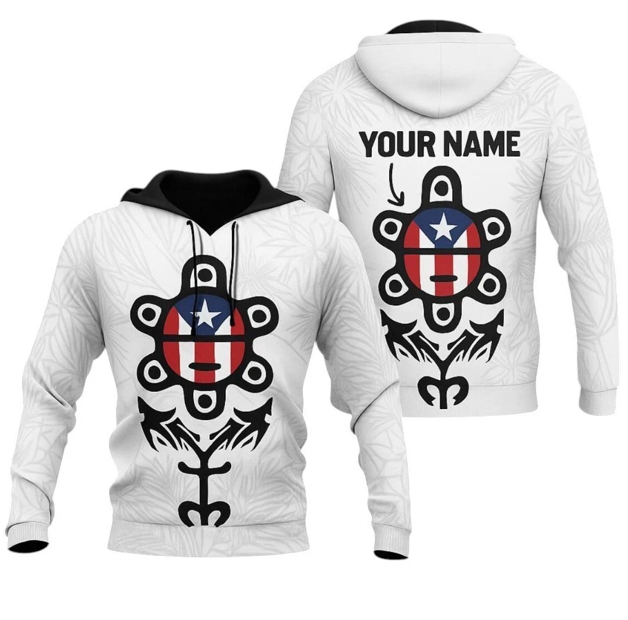 Puerto Rico Taino Sun Hoodie – White Tribal Flag Symbol Hodie, Custom Name