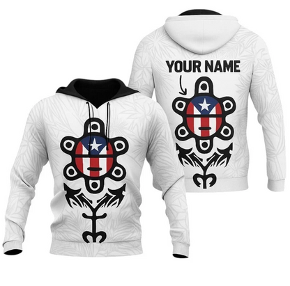Puerto Rico Taino Sun Hoodie – White Tribal Flag Symbol Hodie, Custom Name