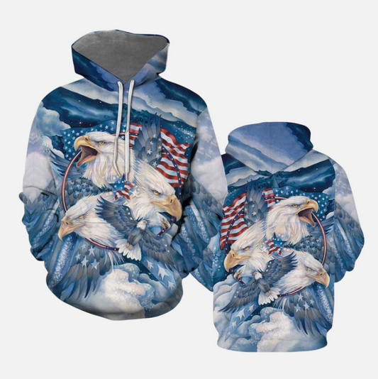 Bald Eagle Blue American Flag Patriotic 3D All Over Print Hoodie