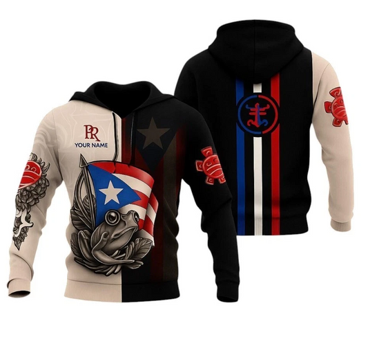 Puerto Rico Coqui Frog Hoodie: Tribal Flag 3D Pullover - Custom Name