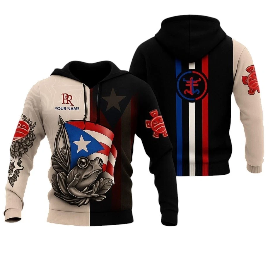Puerto Rico Coqui Frog Hoodie: Tribal Flag 3D Pullover - Custom Name