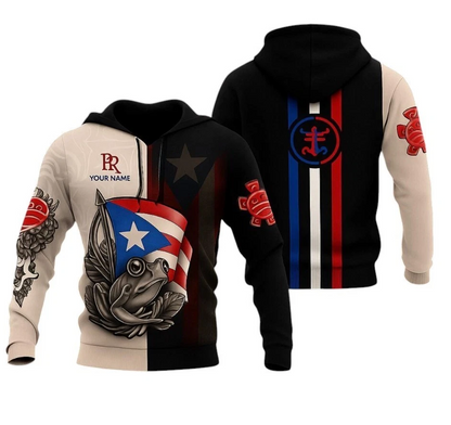 Puerto Rico Coqui Frog Hoodie: Tribal Flag 3D Pullover - Custom Name