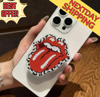 Pixelated Rolling Stones Tongue Magsafe Phone Grip, Magnetic Phone Stand – Fun Red Lips and Tongue Design, Phone Accessory for Music Lovers