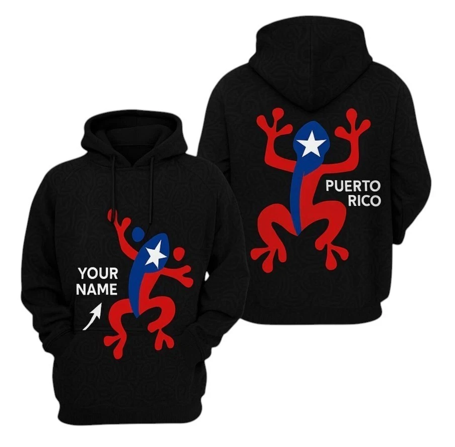 Puerto Rico Coqui Frog Hoodie: Custom Name 3D Print Pullover