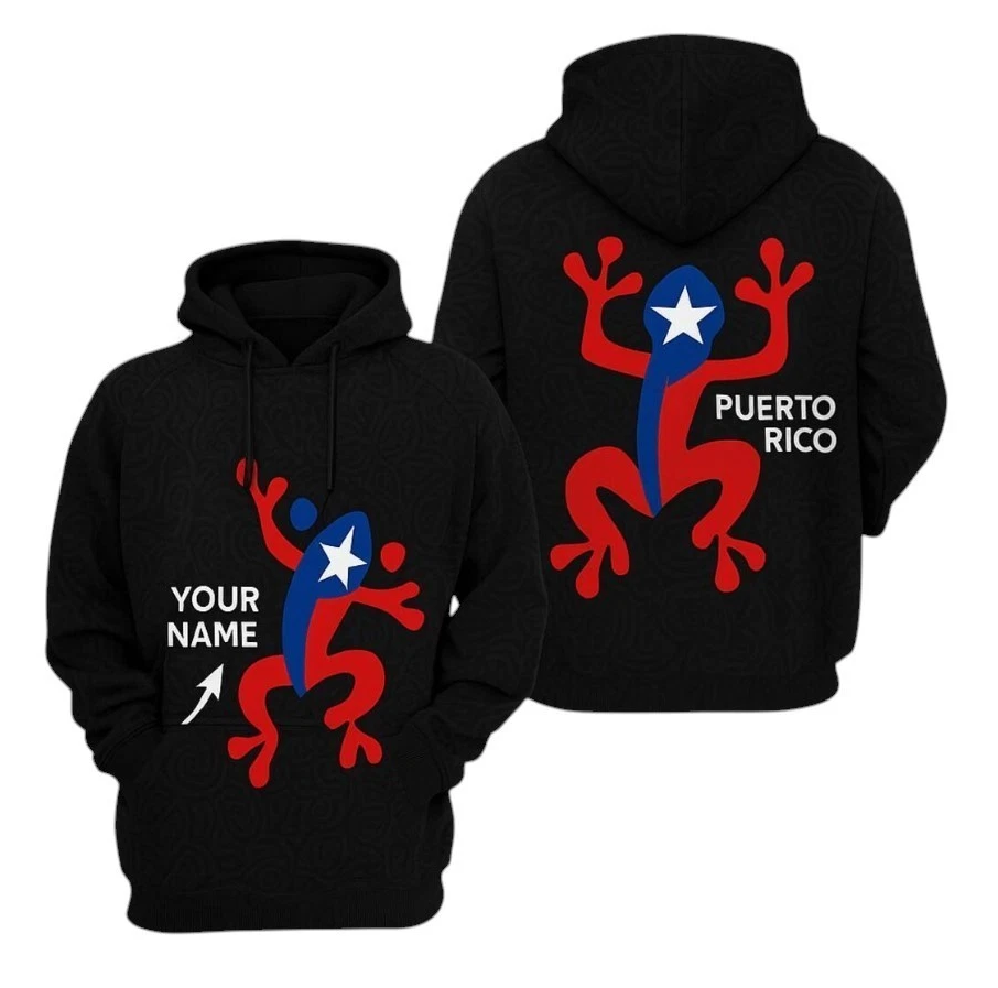 Puerto Rico Coqui Frog Hoodie: Custom Name 3D Print Pullover
