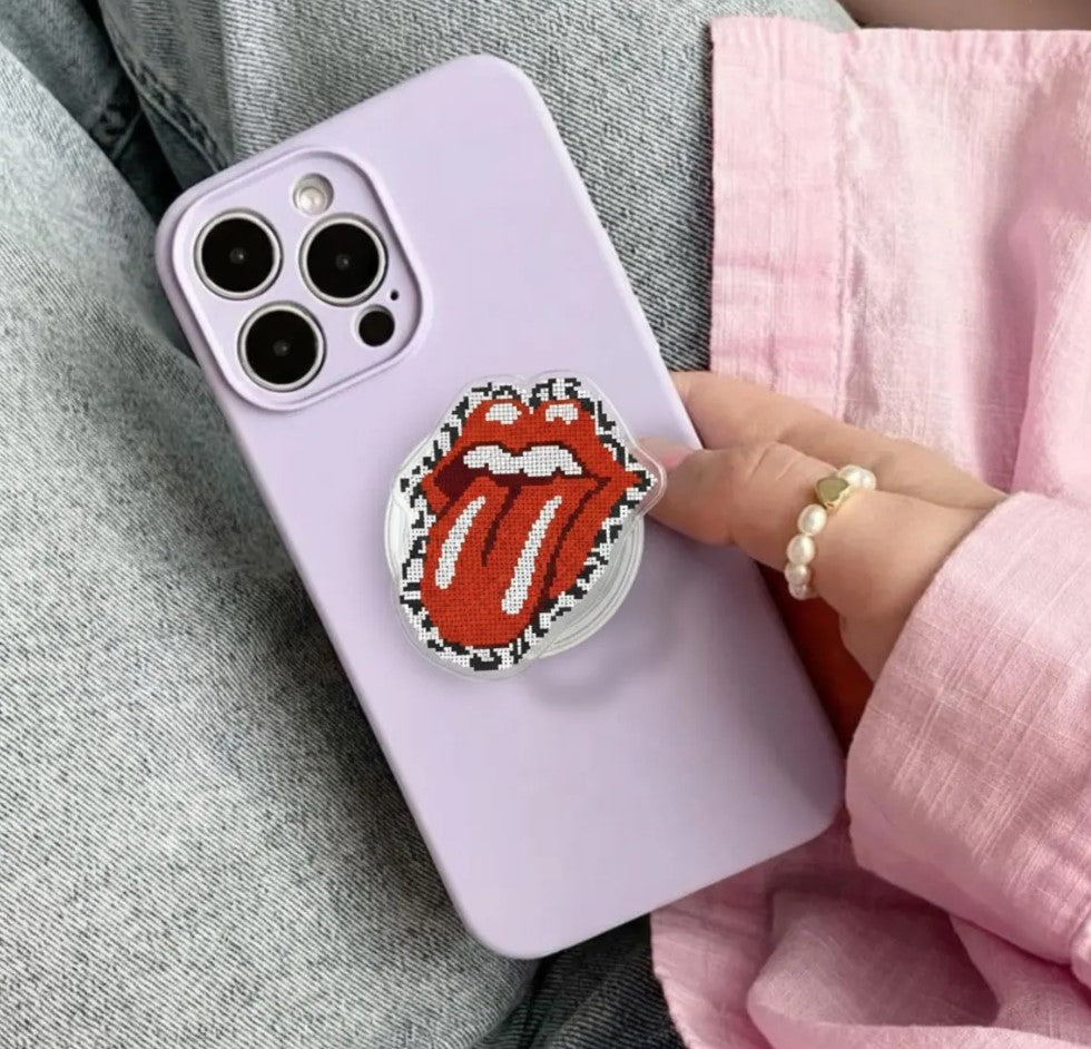 Pixelated Rolling Stones Tongue Magsafe Phone Grip, Magnetic Phone Stand – Fun Red Lips and Tongue Design, Phone Accessory for Music Lovers