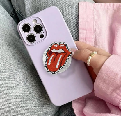 Pixelated Rolling Stones Tongue Magsafe Phone Grip, Magnetic Phone Stand – Fun Red Lips and Tongue Design, Phone Accessory for Music Lovers