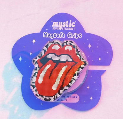 Pixelated Rolling Stones Tongue Magsafe Phone Grip, Magnetic Phone Stand – Fun Red Lips and Tongue Design, Phone Accessory for Music Lovers