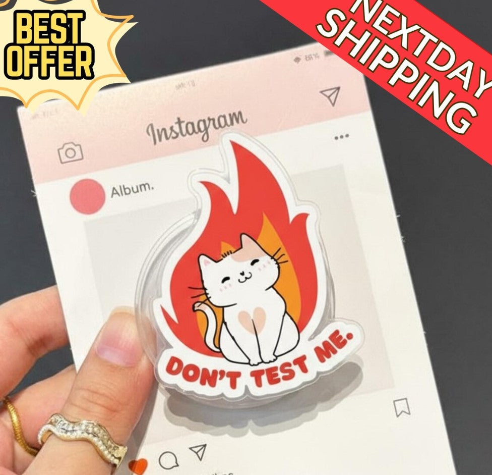 Funny Cat Magnetic Phone Grip – Don’t Test Me Meme Phone Stand, Cute Angry Cat Holder, Kawaii Phone Accessory, Gift for Cat Lovers