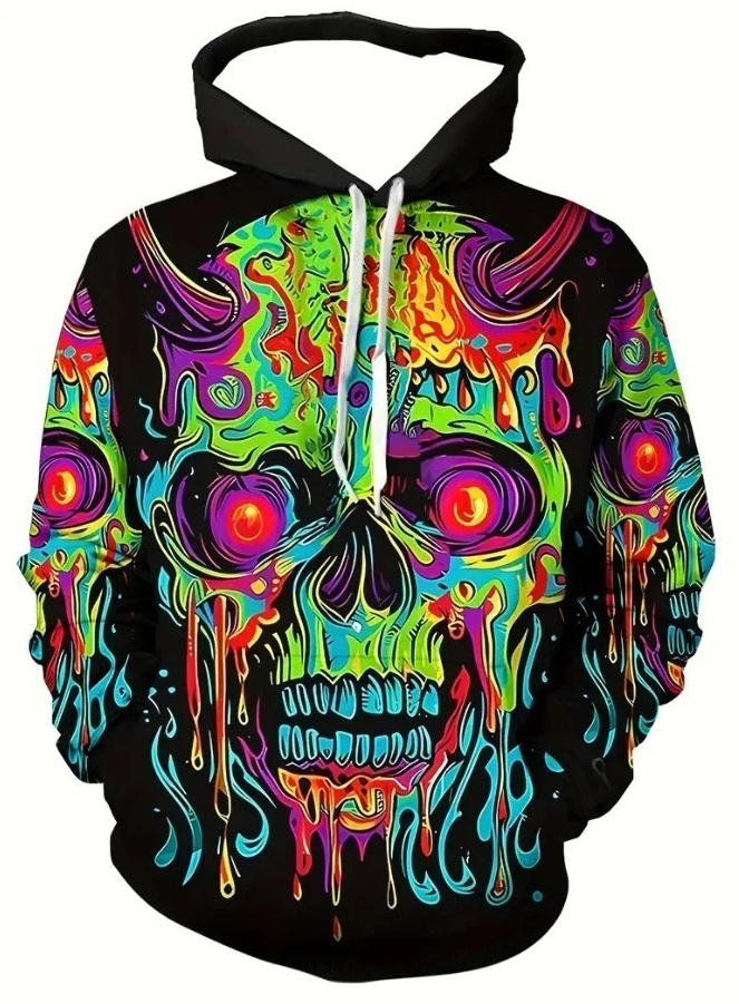 Men'S 3D Green Skull Print Long Sleeve Casual Hoodie with Drawstring Pockets