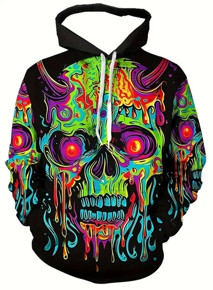 Men'S 3D Green Skull Print Long Sleeve Casual Hoodie with Drawstring Pockets