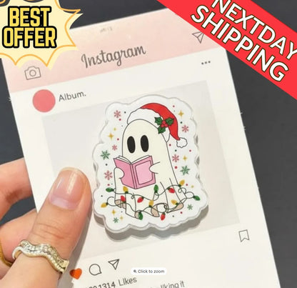 Christmas Ghost Magnetic Phone Grip: Cute Holiday Kindle Stand with Santa Hat & Book, Festive Phone Holder for Christmas Lovers