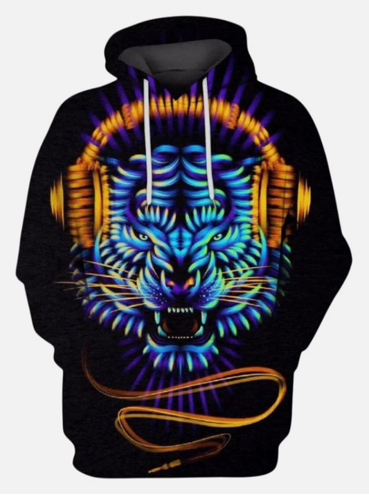 Neon Tiger DJ Hoodie Glow In The Dark Style Headphones Music Lover Unisex Pullov