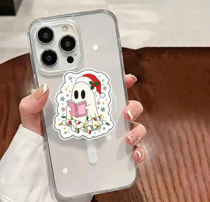 Christmas Ghost Magnetic Phone Grip: Cute Holiday Kindle Stand with Santa Hat & Book, Festive Phone Holder for Christmas Lovers