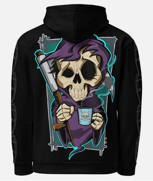 Grim Reaper Hoodie, Black Sweatshirt with Skeleton Art