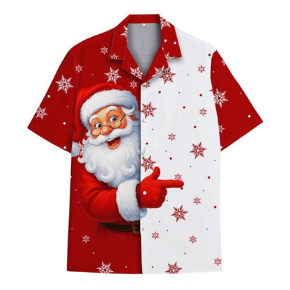Santa Claus Hawaiian Shirt, Funny Christmas Red White Snowflake Print Button Up Shirt, Holiday Party Shirt, Men Women Festive Beach Outfit